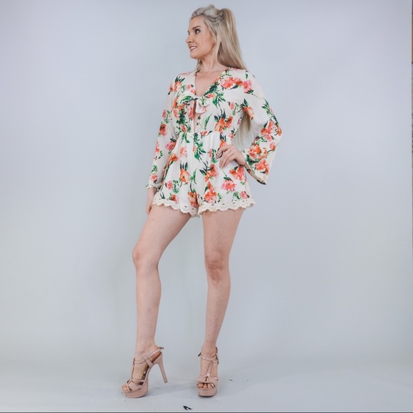 White Floral Long Sleeve Romper - Picture 2 of 12